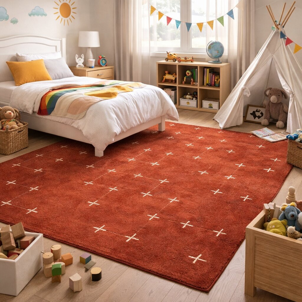 Tufted area rug Terracotta color 6x10 7x10 8x11 9x12 Hallway Dining Living room Wool carpet Geometric design