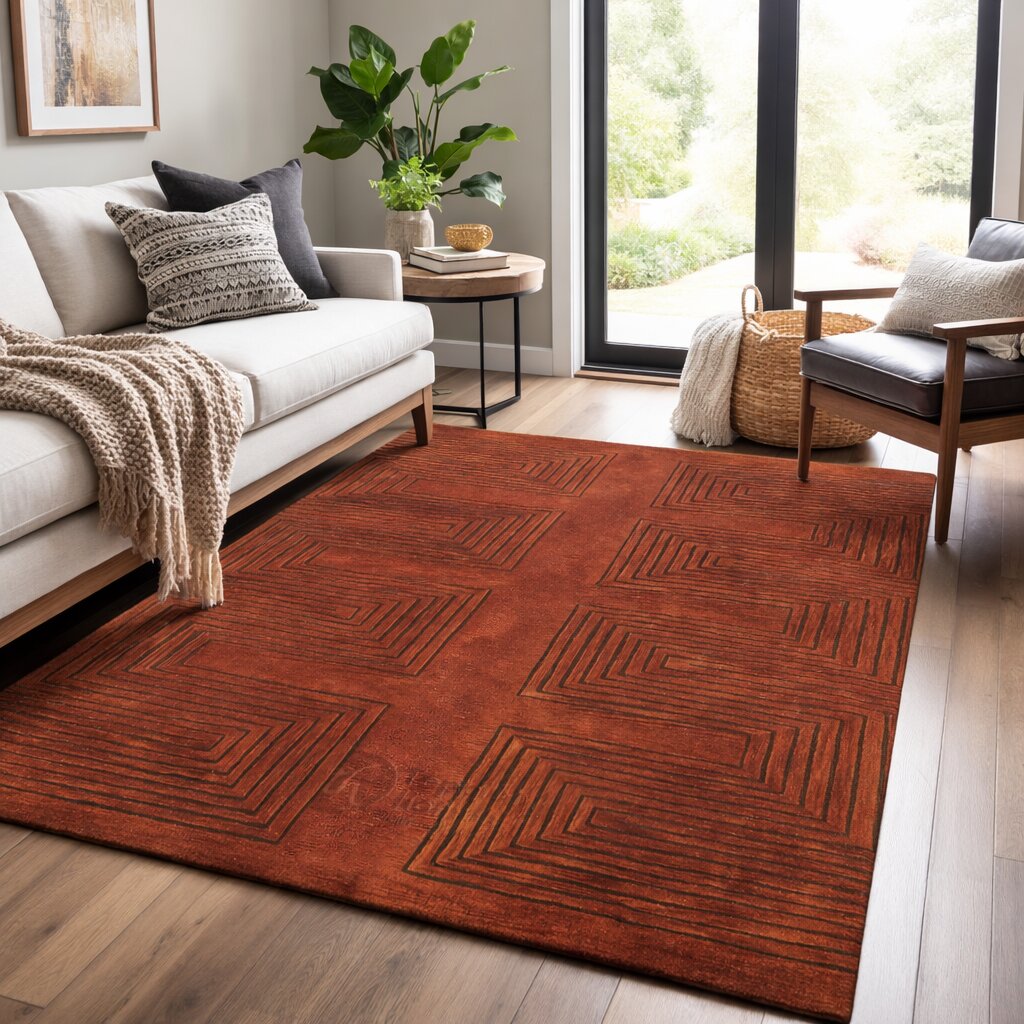 Rust color rug 8x13 10x13 11x13 12x15 Geometric wool Area rugs Hand tuft Hallway Living room Rectangular carpet