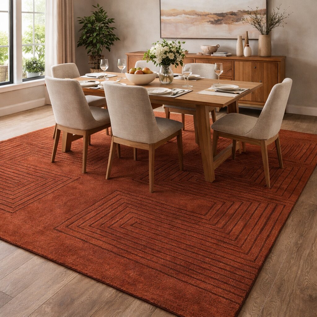 Rust color rug 8x13 10x13 11x13 12x15 Geometric wool Area rugs Hand tuft Hallway Living room Rectangular carpet