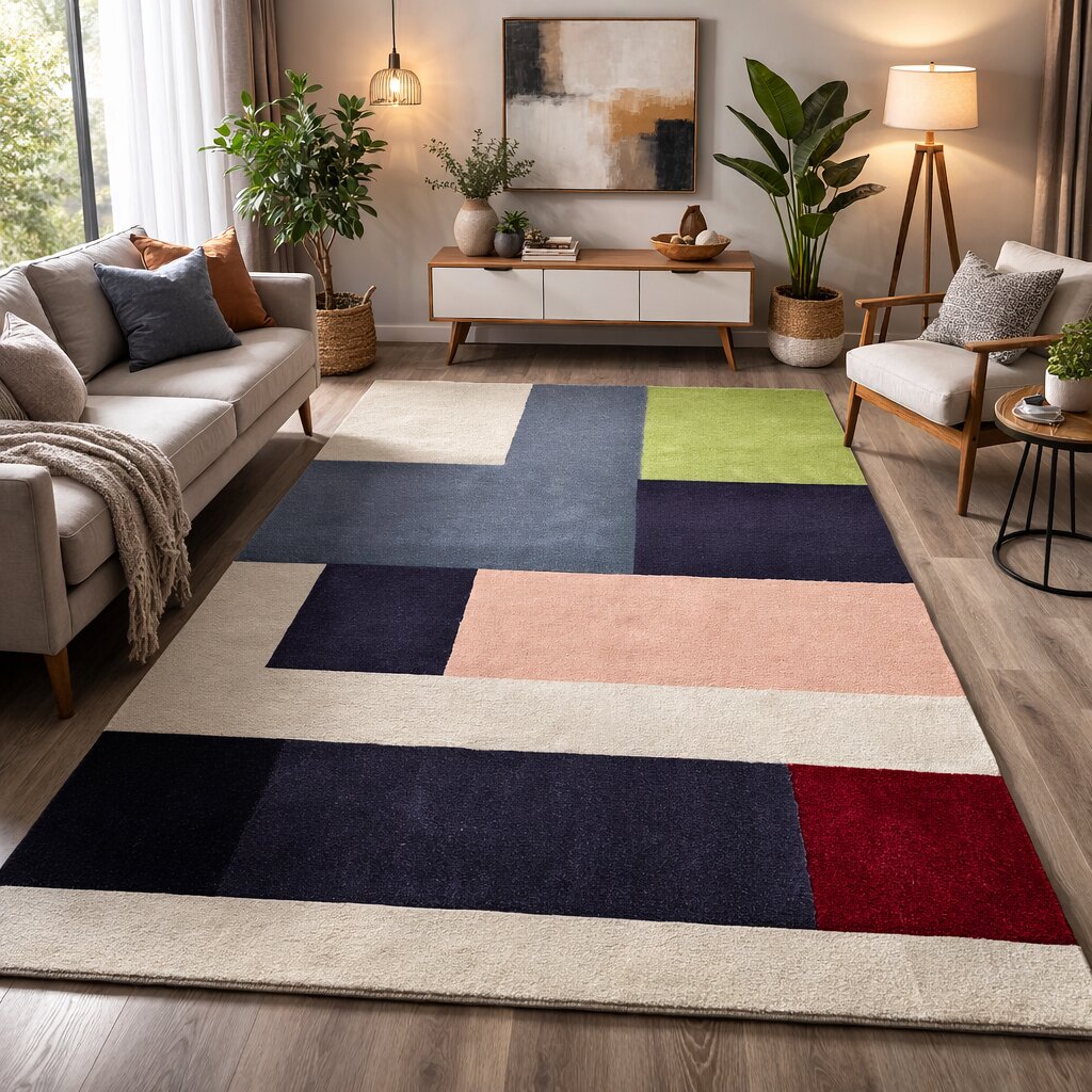 Colour Blocks Violet Rug Geometric Color Block Multicolor Rug | 8x10 feet