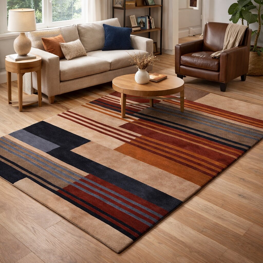 Modern Geometric Wool Area Rug Handmade Striped Carpet Contemporary Living Room and Bedroom Decor