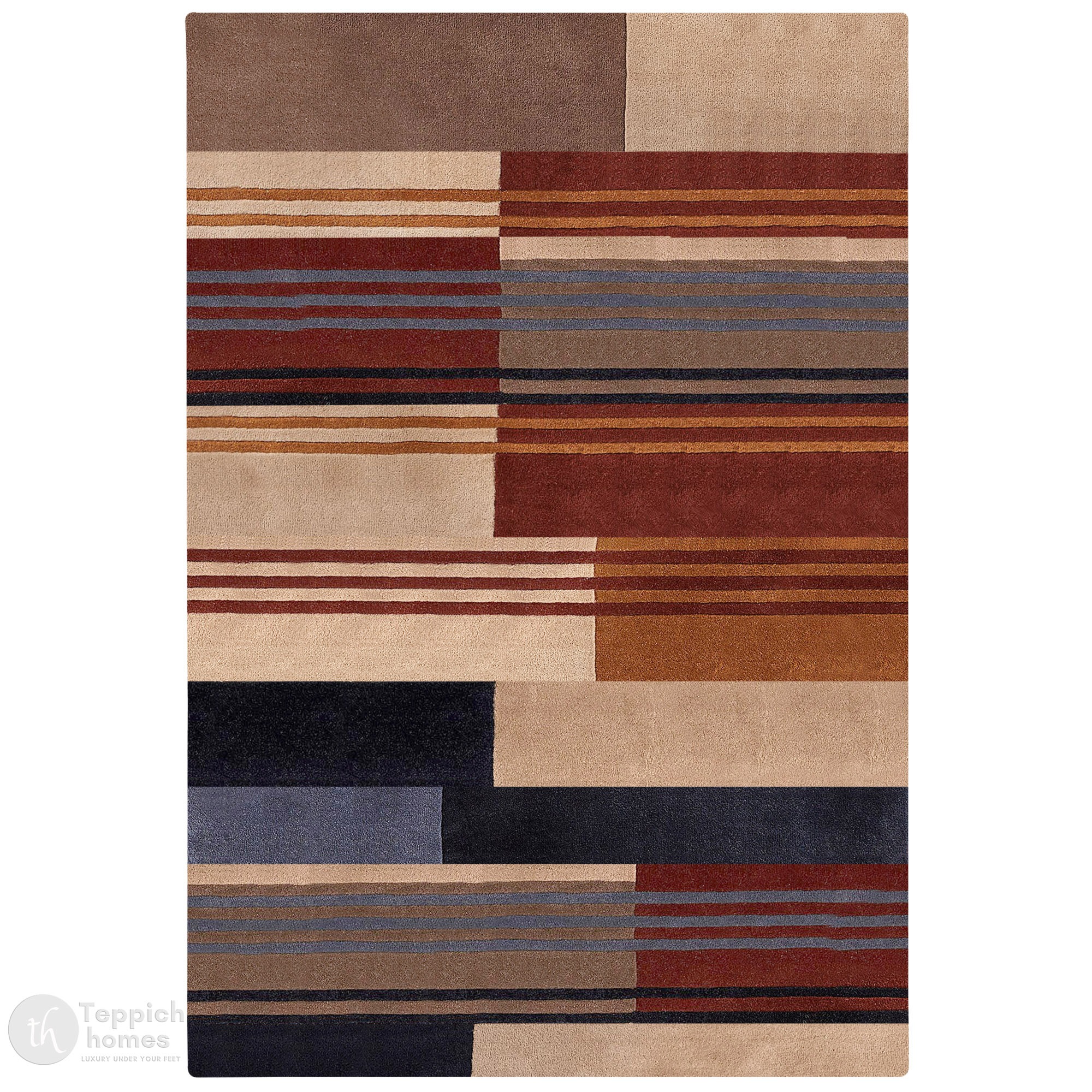 Modern Geometric Wool Area Rug Handmade Striped Carpet Contemporary Living Room and Bedroom Decor