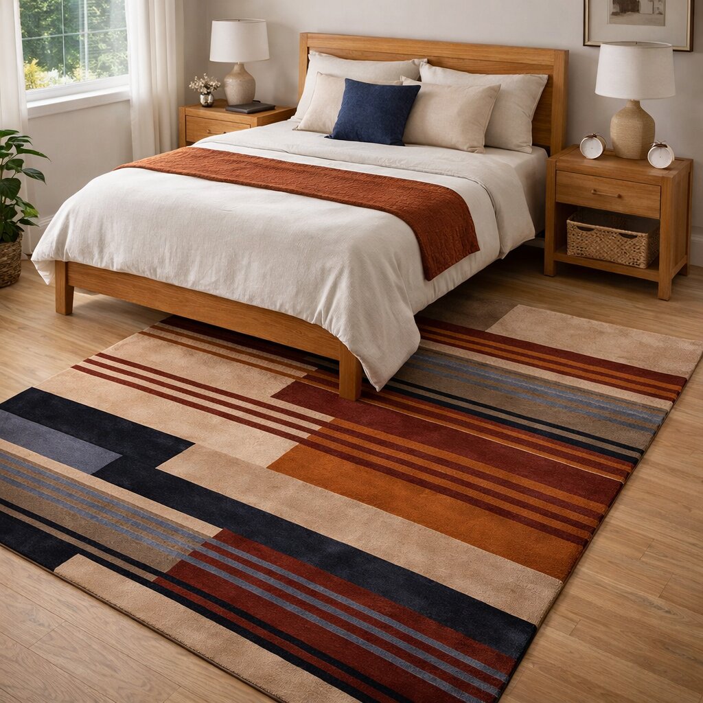Modern Geometric Wool Area Rug Handmade Striped Carpet Contemporary Living Room and Bedroom Decor