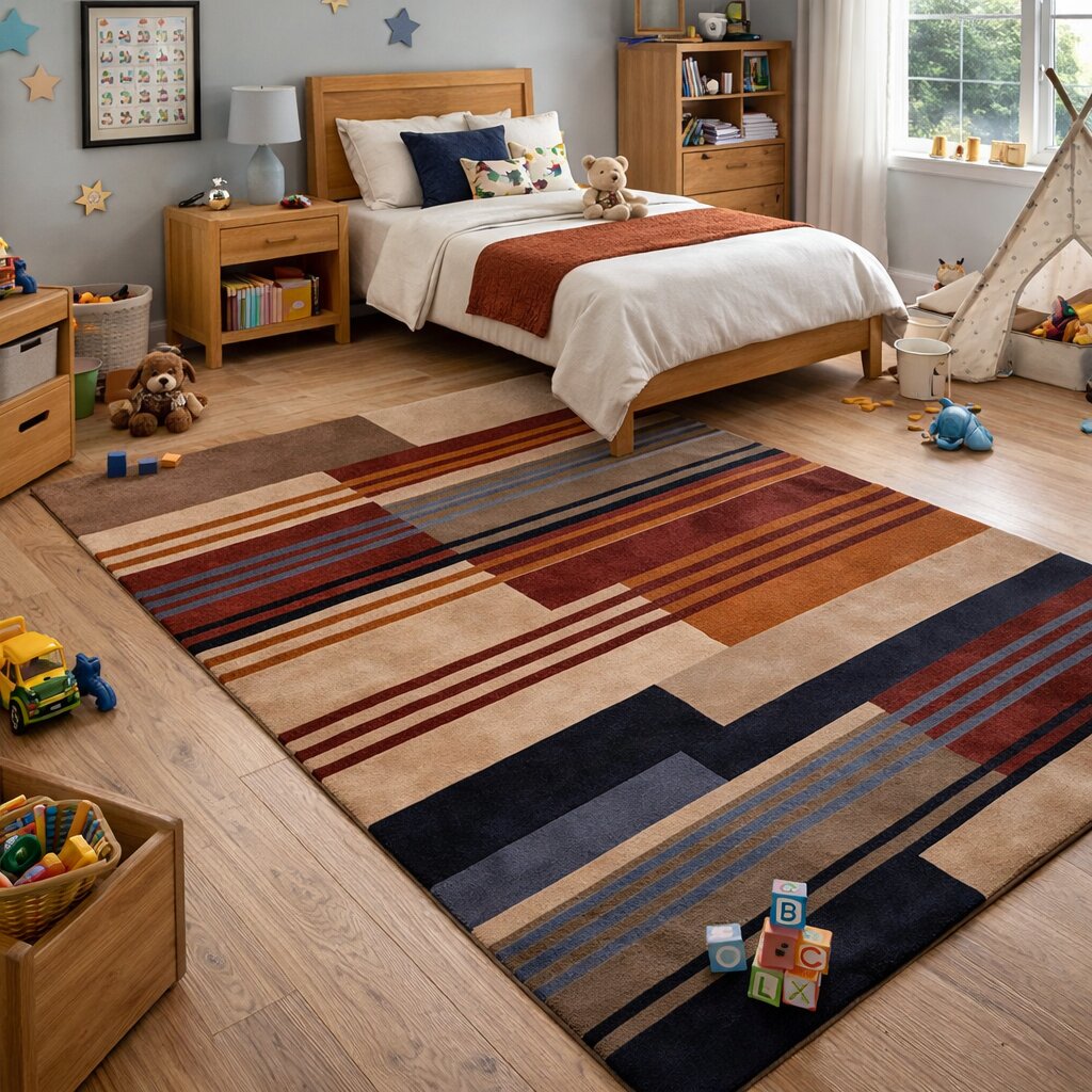 Modern Geometric Wool Area Rug Handmade Striped Carpet Contemporary Living Room and Bedroom Decor