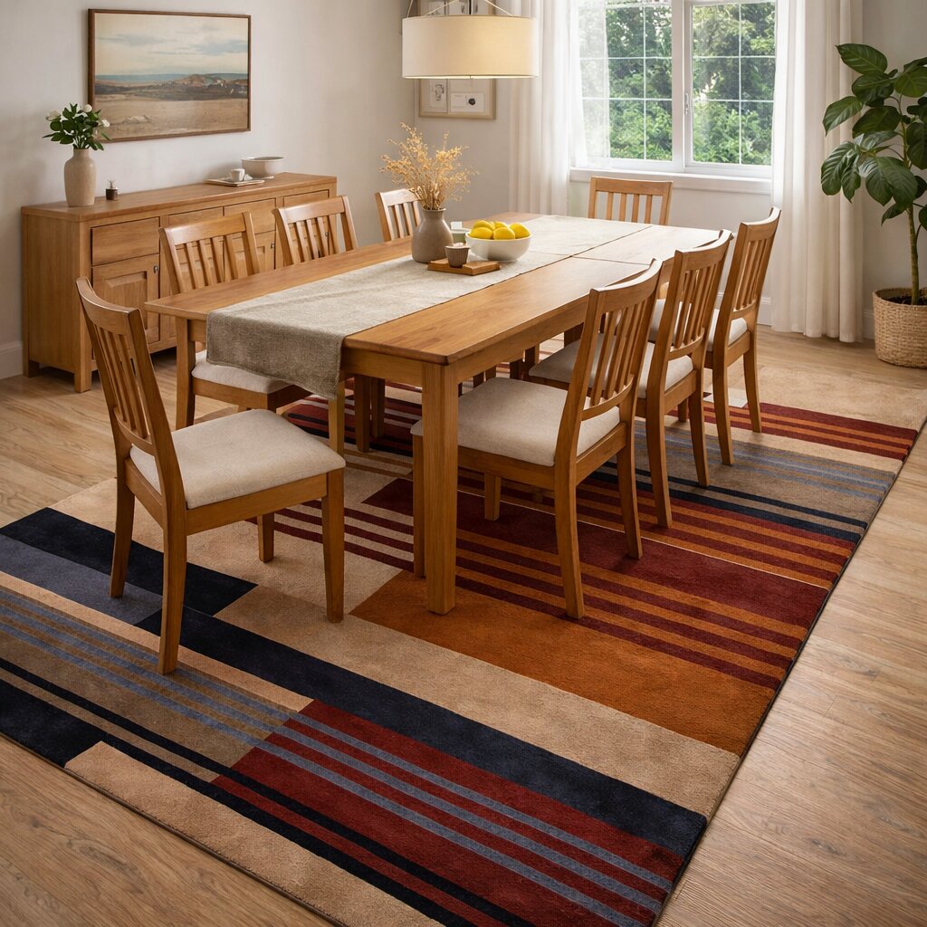 Modern Geometric Wool Area Rug Handmade Striped Carpet Contemporary Living Room and Bedroom Decor