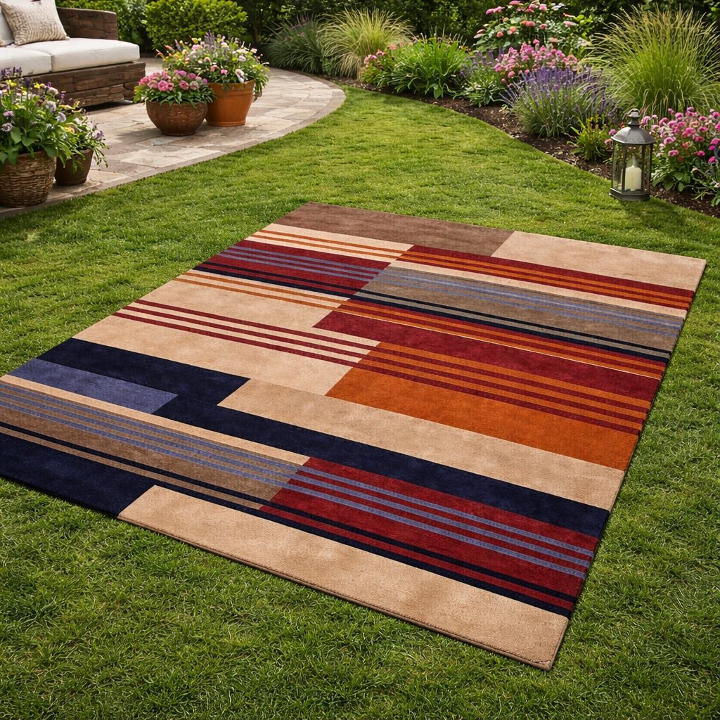 Modern Geometric Wool Area Rug Handmade Striped Carpet Contemporary Living Room and Bedroom Decor