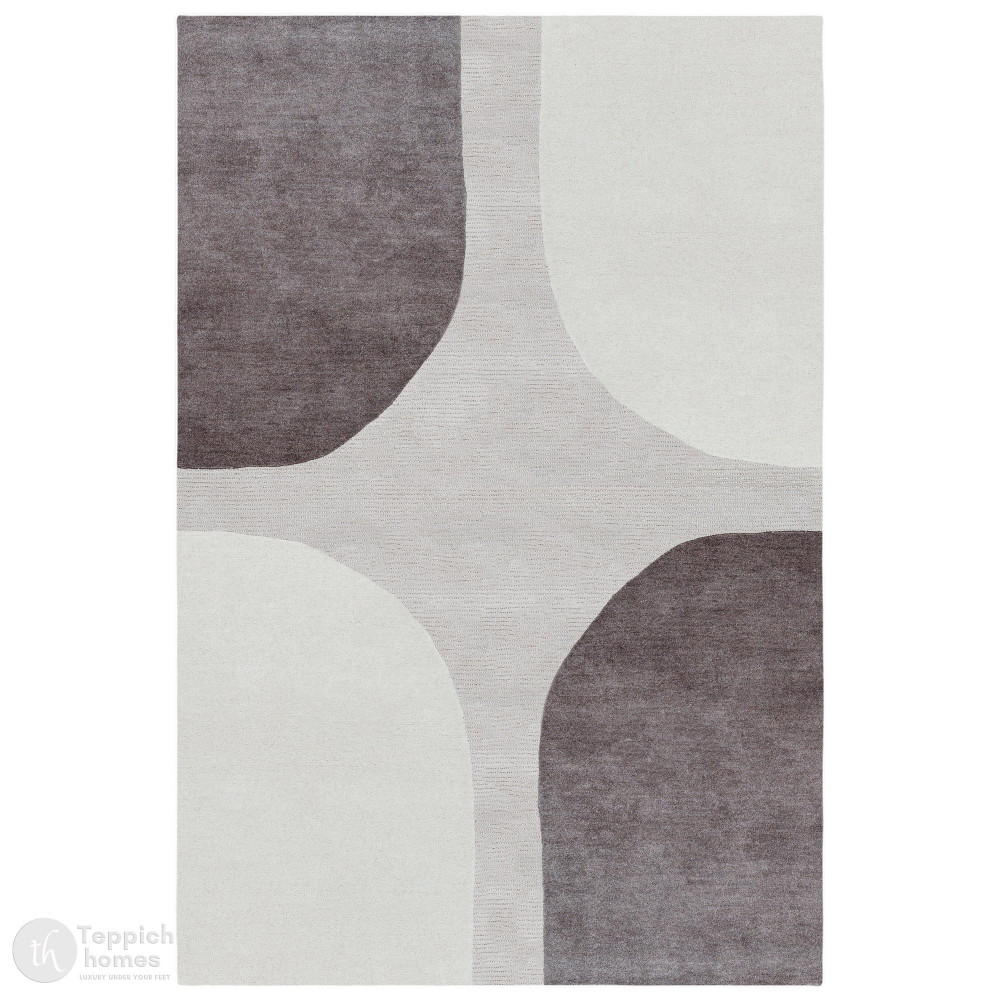 Image of Modern Grey and White Geometric Area Rug, Handmade Wool Carpet, Contemporary Living Room and Bedroom Decor