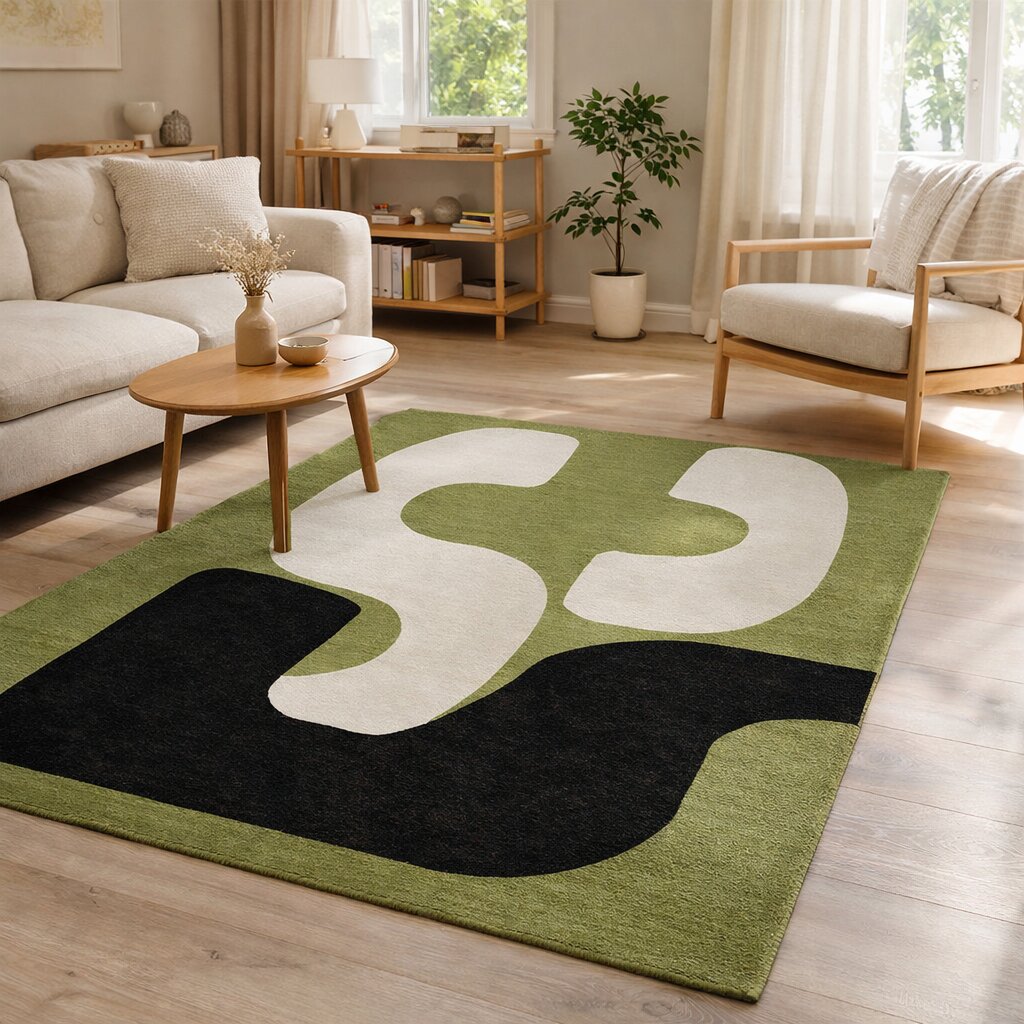Green Abstract Wool Rug Handmade Modern Area Carpet Living Room and Bedroom Dcor
