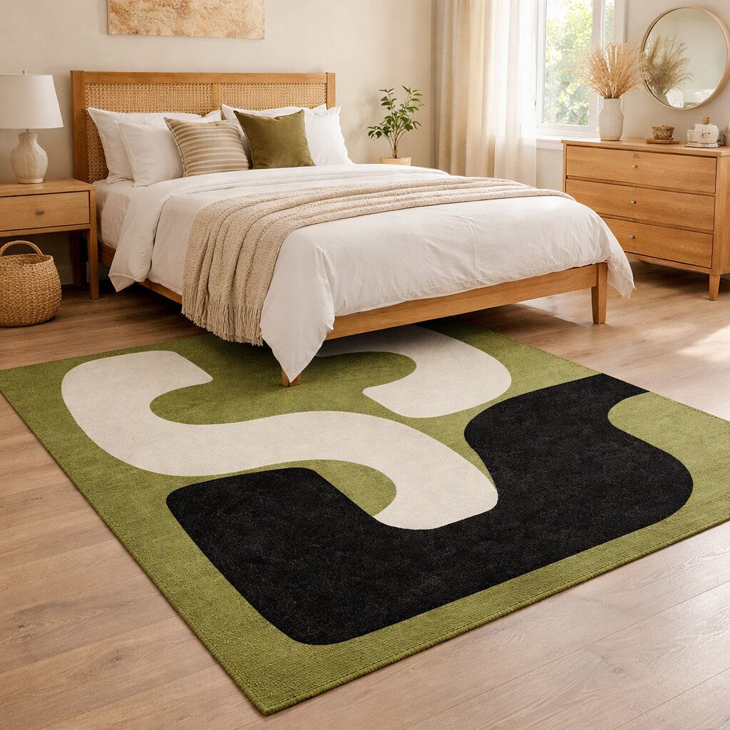 Green Abstract Wool Rug Handmade Modern Area Carpet Living Room and Bedroom Dcor
