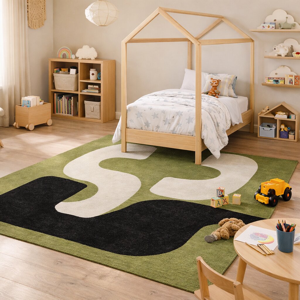 Green Abstract Wool Rug Handmade Modern Area Carpet Living Room and Bedroom Dcor