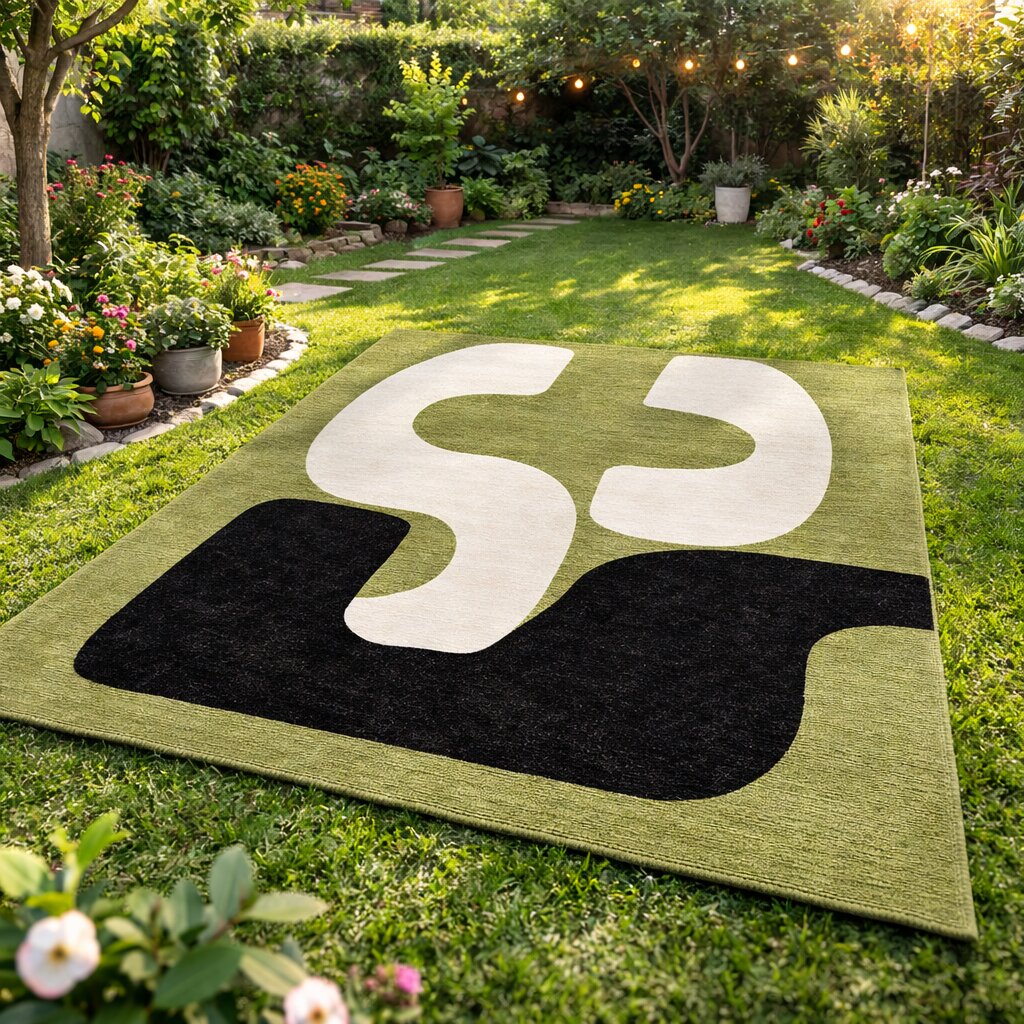 Green Abstract Wool Rug Handmade Modern Area Carpet Living Room and Bedroom Dcor