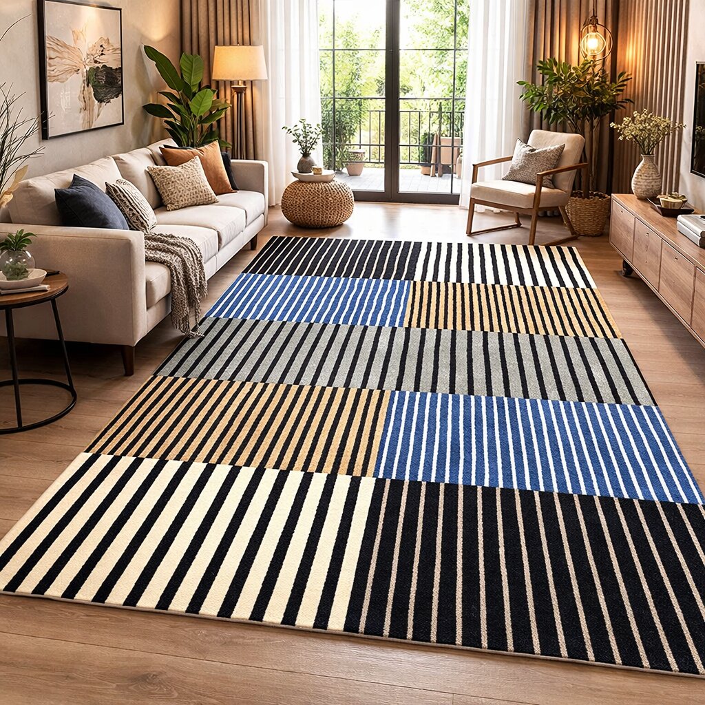 Modern Striped Patchwork Bedroom Area Rug