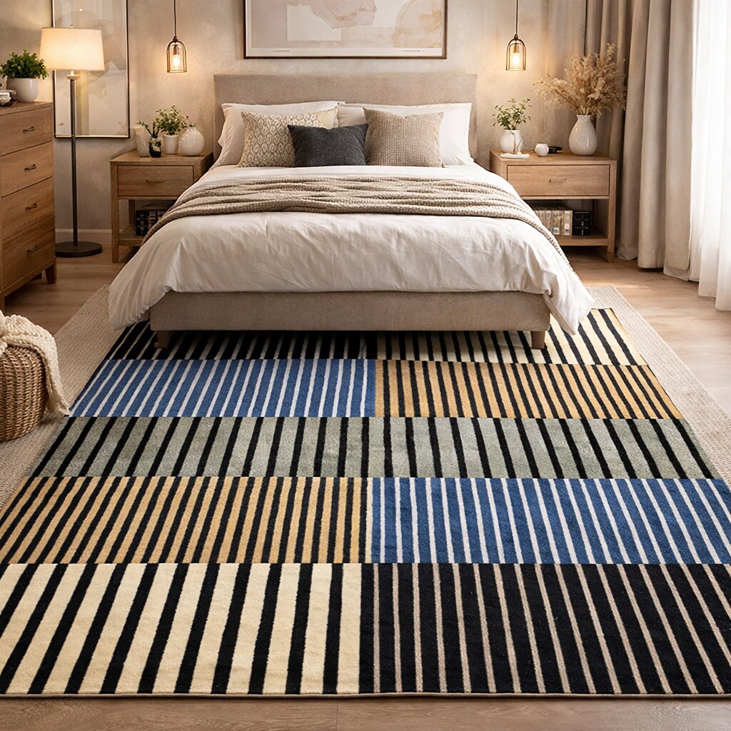 Modern Striped Patchwork Bedroom Area Rug