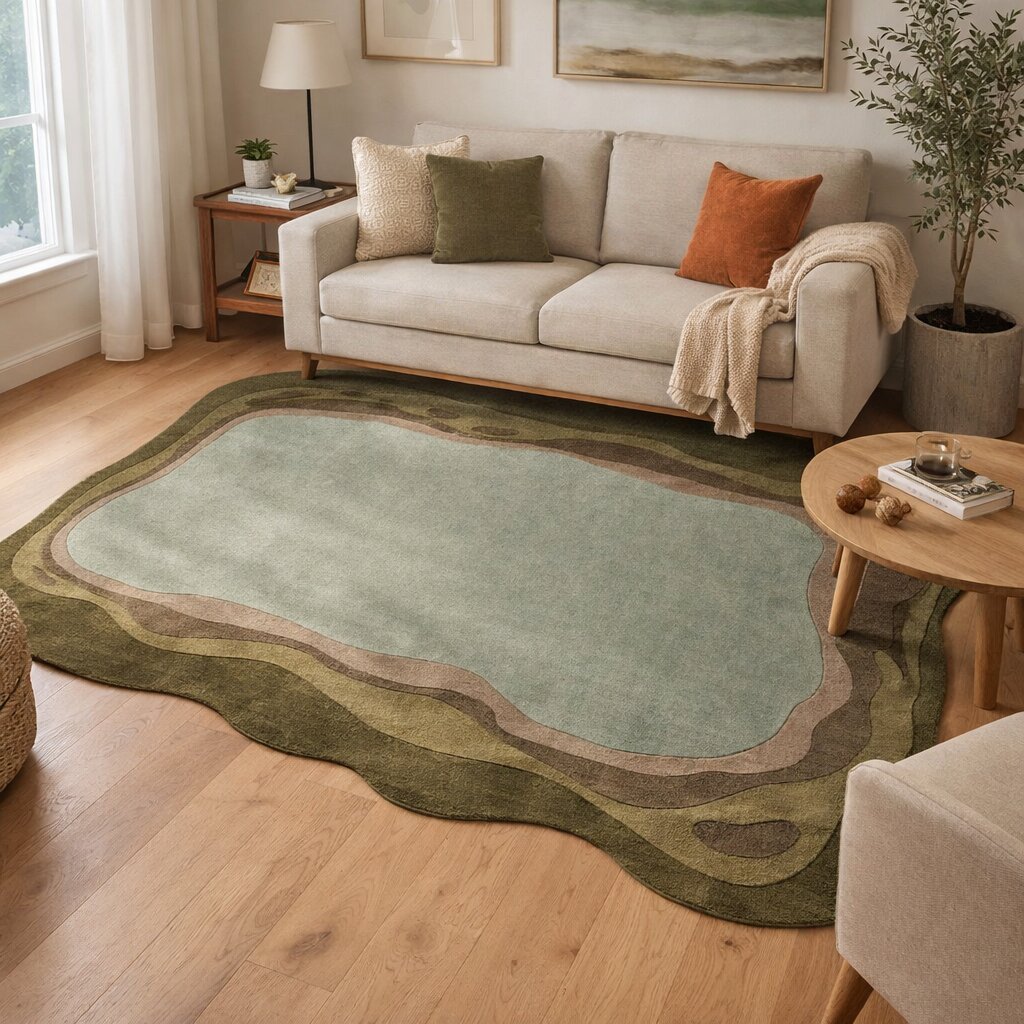 Green Abstract Wool Area Rug Handmade Modern Carpet with Organic Shape Living Room and Bedroom Dco