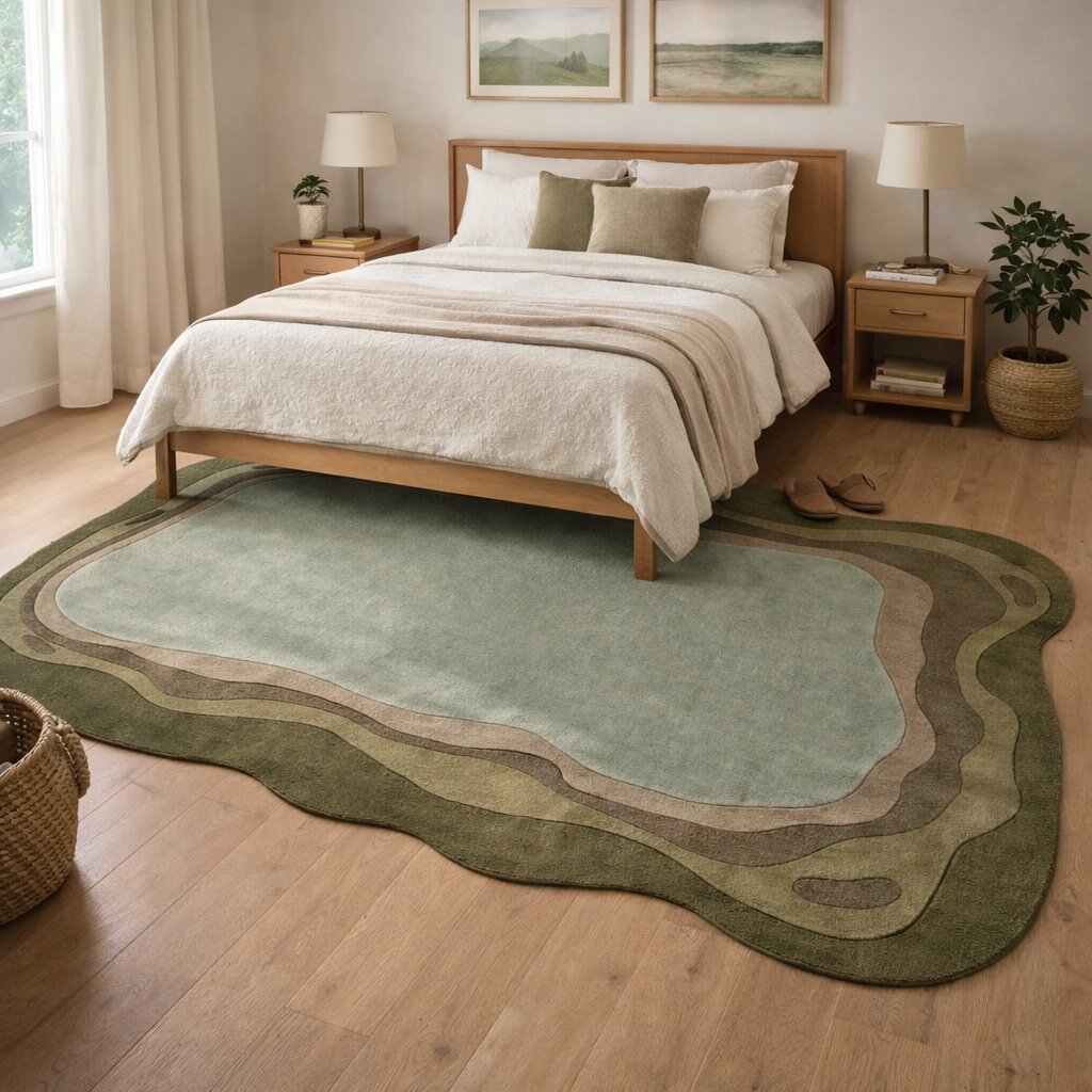 Green Abstract Wool Area Rug Handmade Modern Carpet with Organic Shape Living Room and Bedroom Dco