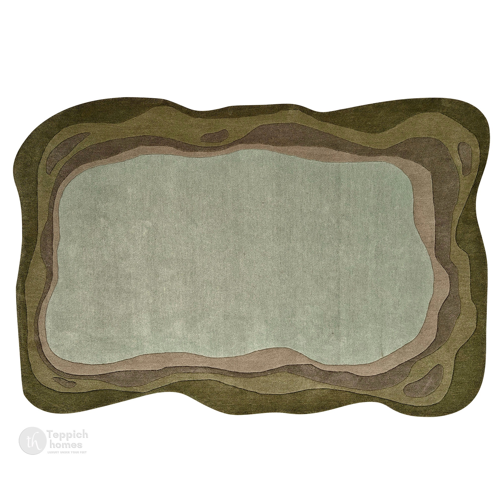 Green Abstract Wool Area Rug Handmade Modern Carpet with Organic Shape Living Room and Bedroom Dco