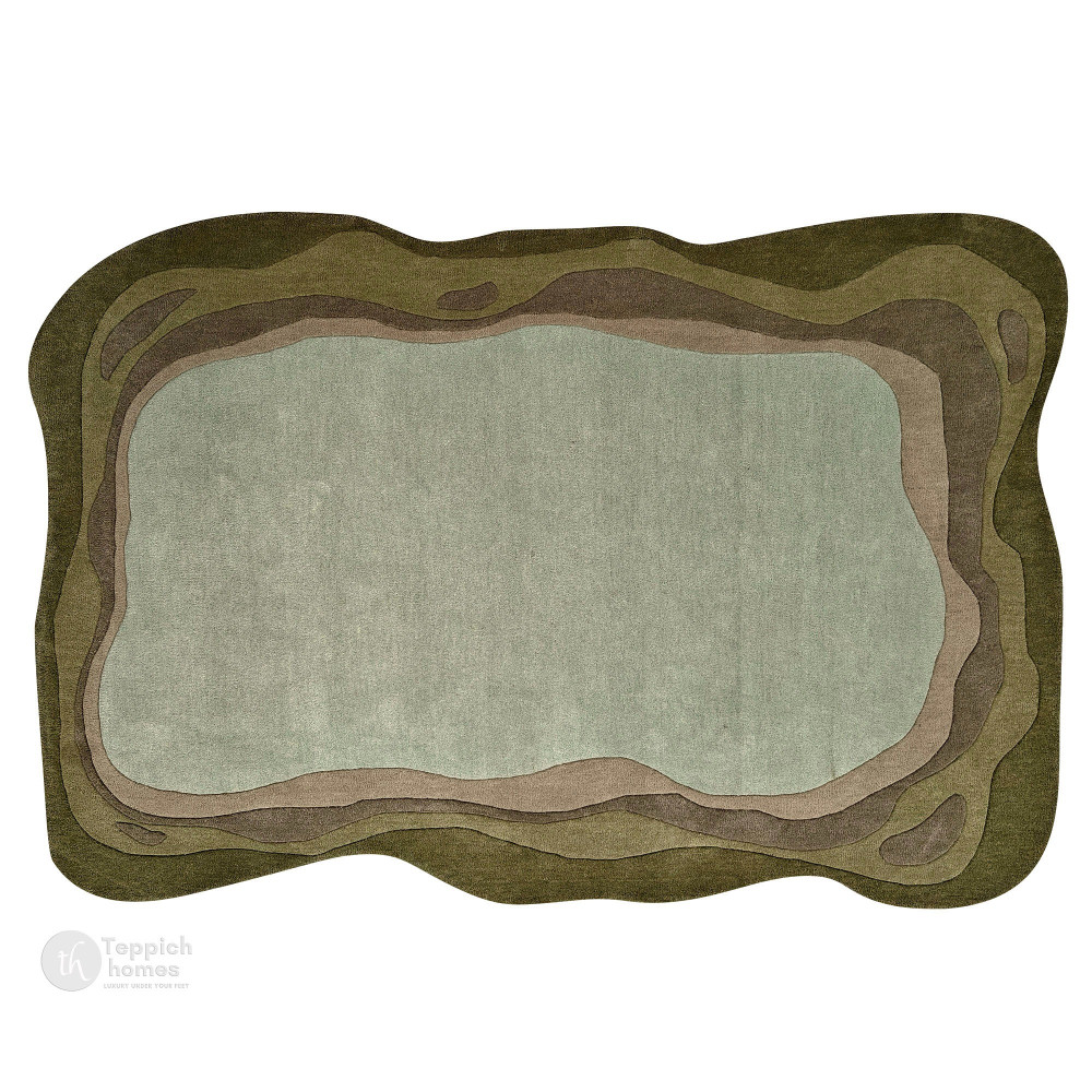 Image of Green Abstract Wool Area Rug, Handmade Modern Carpet with Organic Shape, Living Room and Bedroom Déco