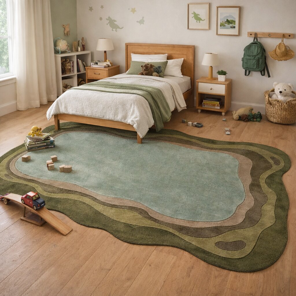 Green Abstract Wool Area Rug Handmade Modern Carpet with Organic Shape Living Room and Bedroom Dco