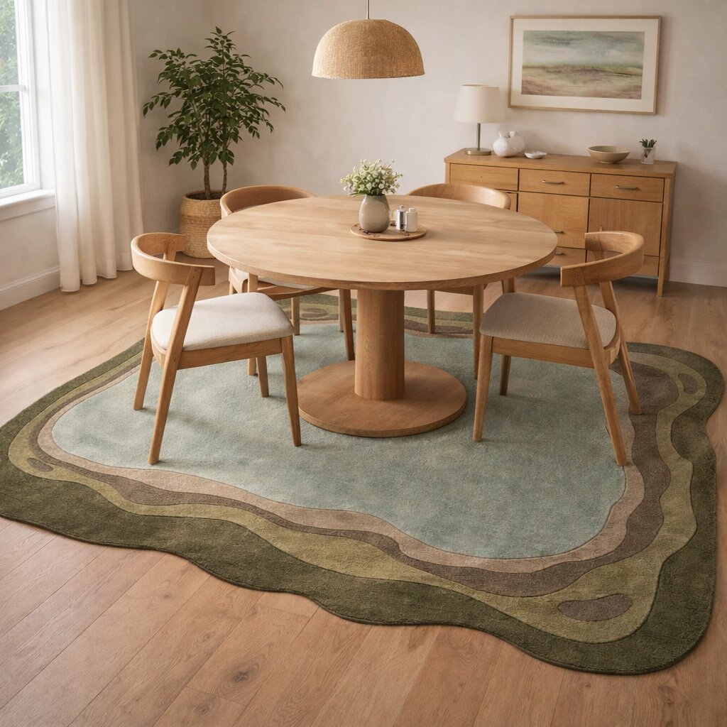 Green Abstract Wool Area Rug Handmade Modern Carpet with Organic Shape Living Room and Bedroom Dco