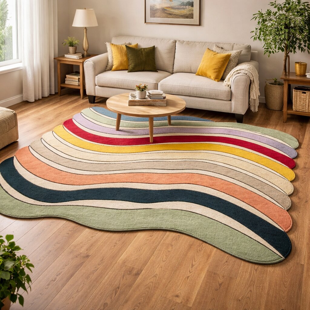 Abstract Wavy Rainbow Multicolor Rug