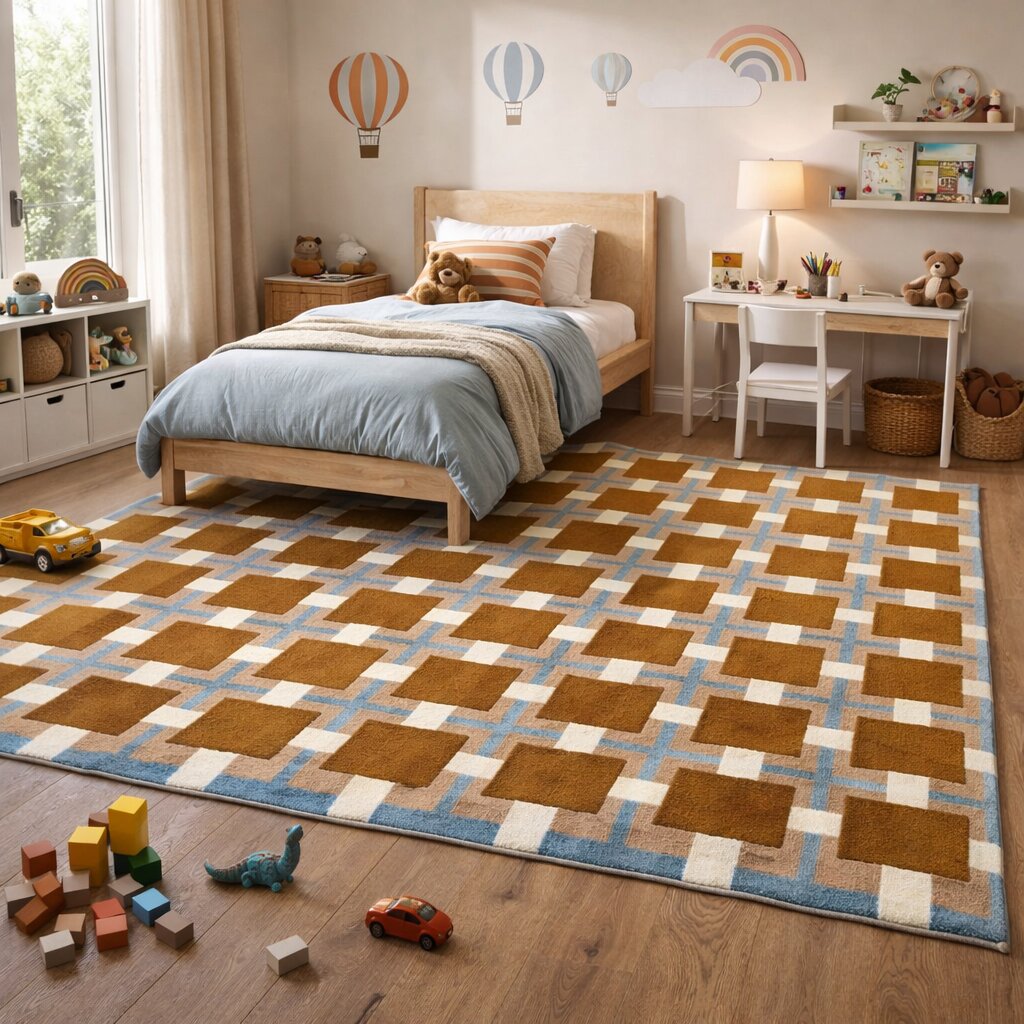 Mid-Century Retro Square Pattern Wool Rug