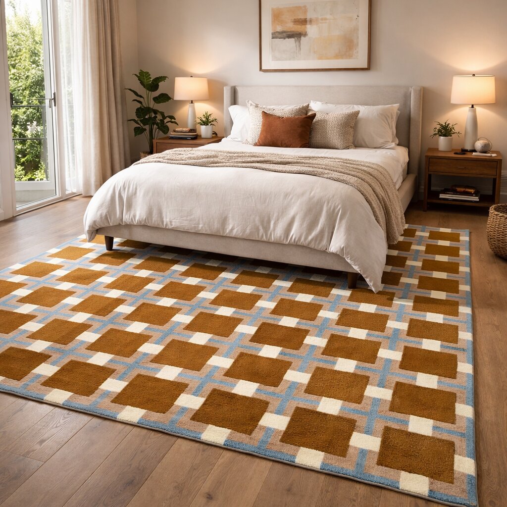 Mid-Century Retro Square Pattern Wool Rug