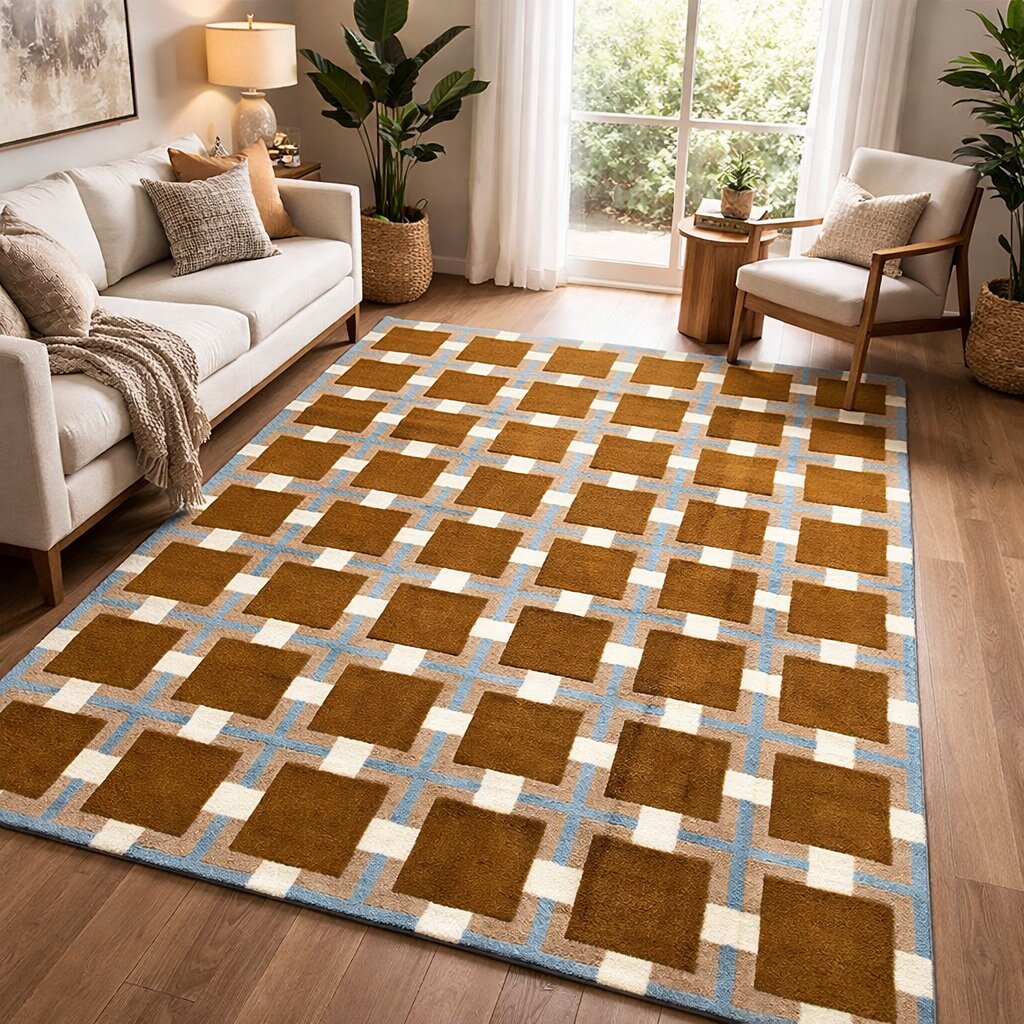 Mid-Century Retro Square Pattern Wool Rug