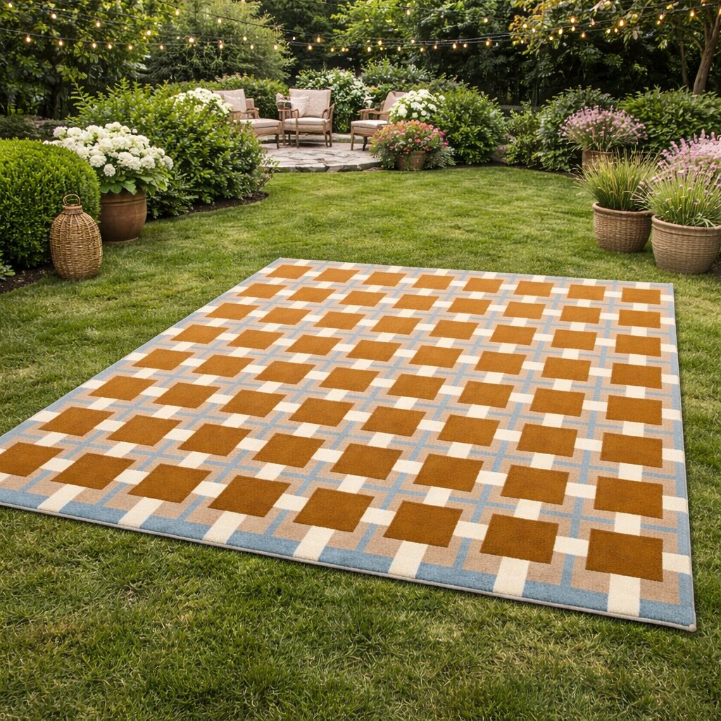 Mid-Century Retro Square Pattern Wool Rug