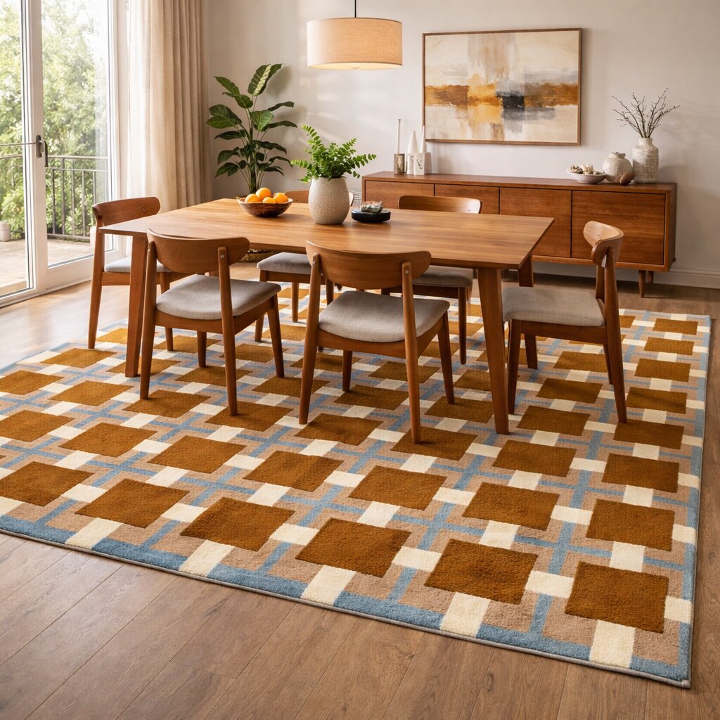 Mid-Century Retro Square Pattern Wool Rug