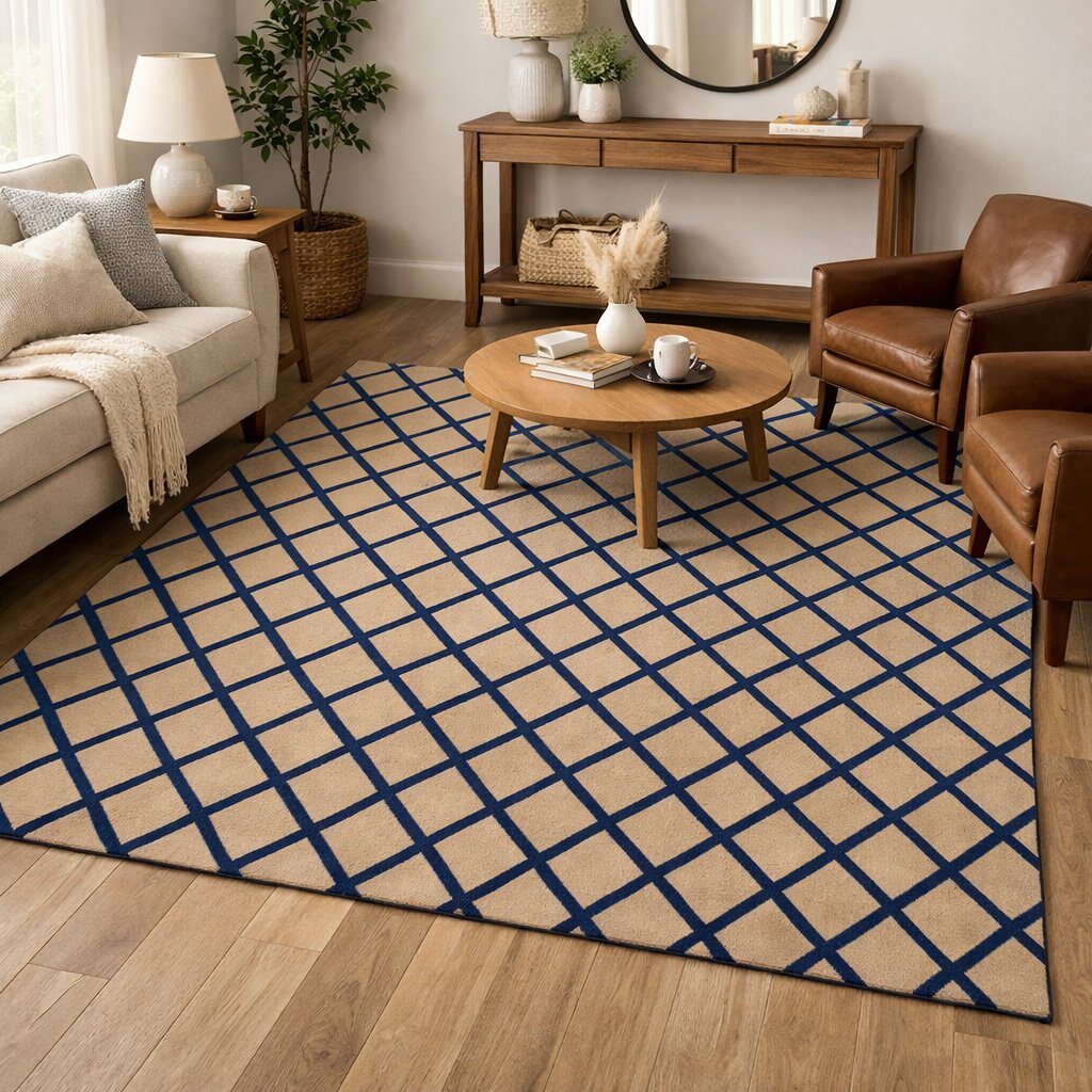 Classic Beige Rug with Navy Grid