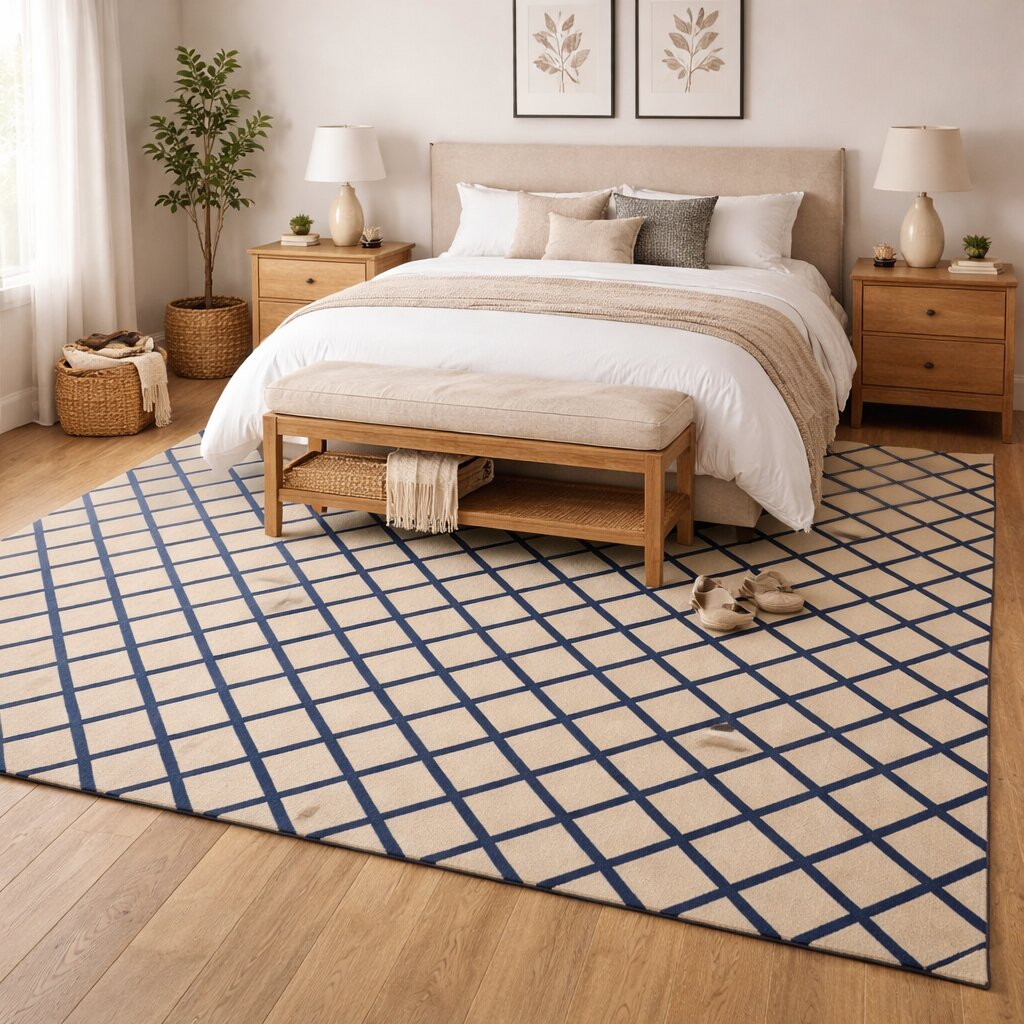 Classic Beige Rug with Navy Grid