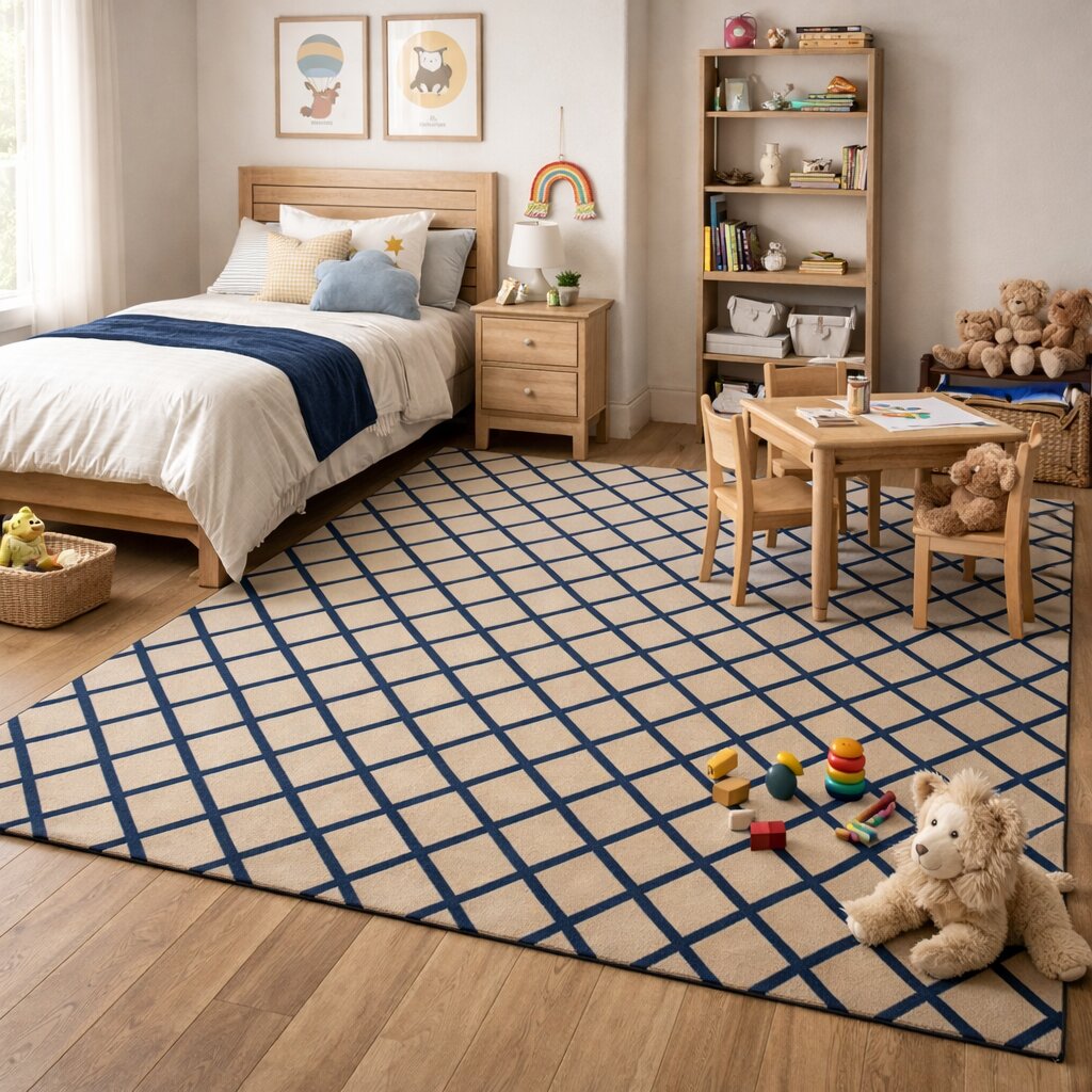 Classic Beige Rug with Navy Grid
