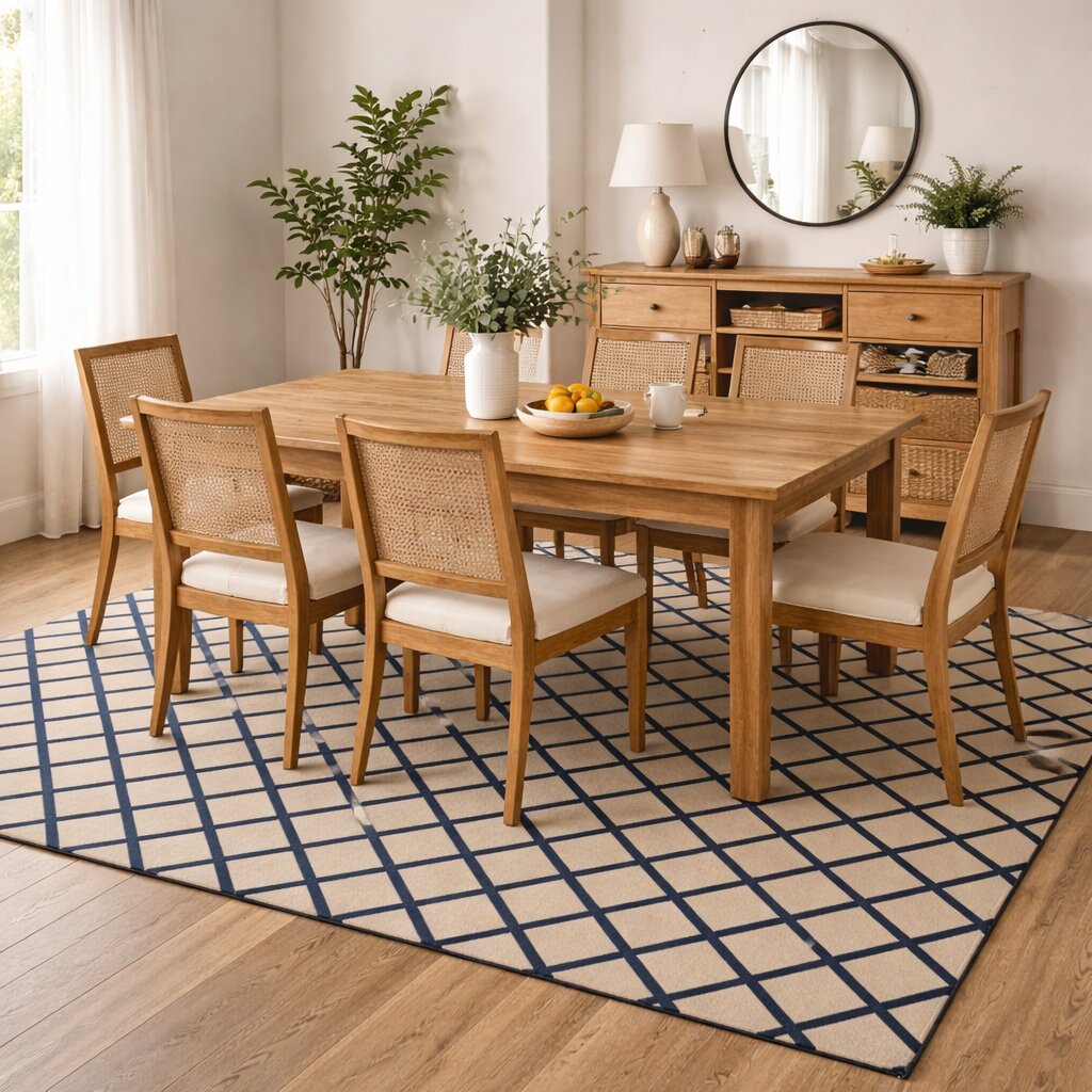 Classic Beige Rug with Navy Grid
