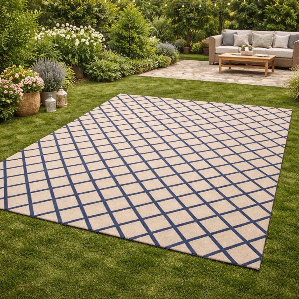 Classic Beige Rug with Navy Grid
