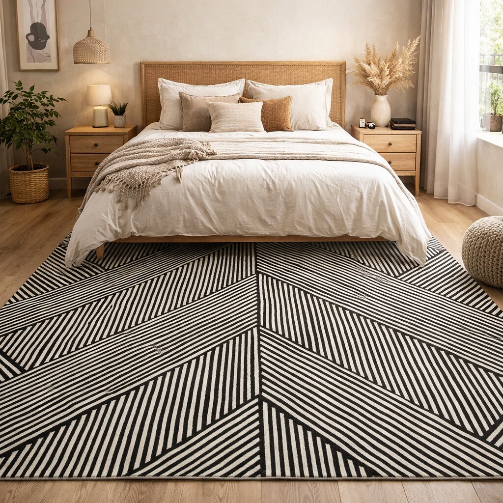 Modern Monochrome Patterned Dining Room Rug