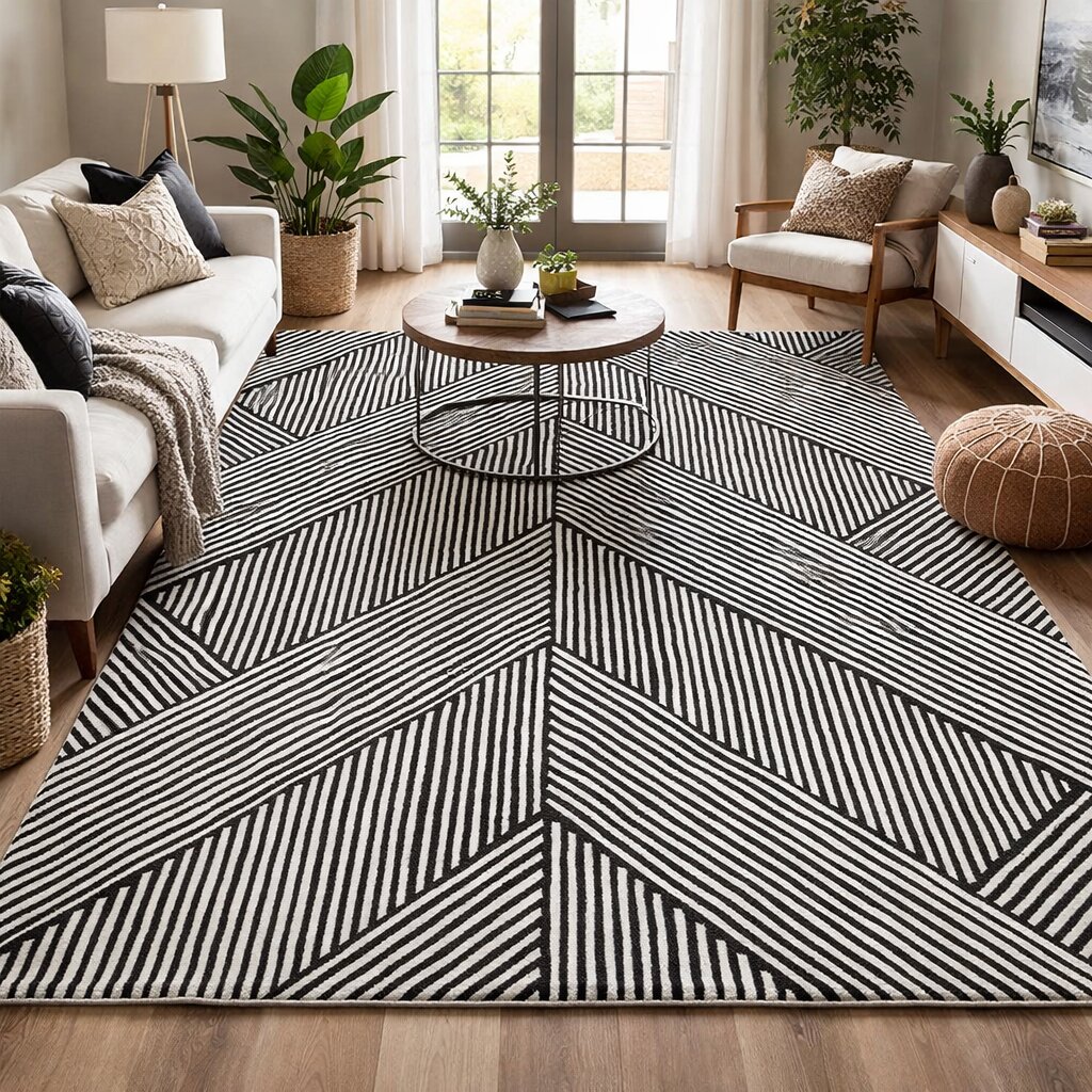 Modern Monochrome Patterned Dining Room Rug