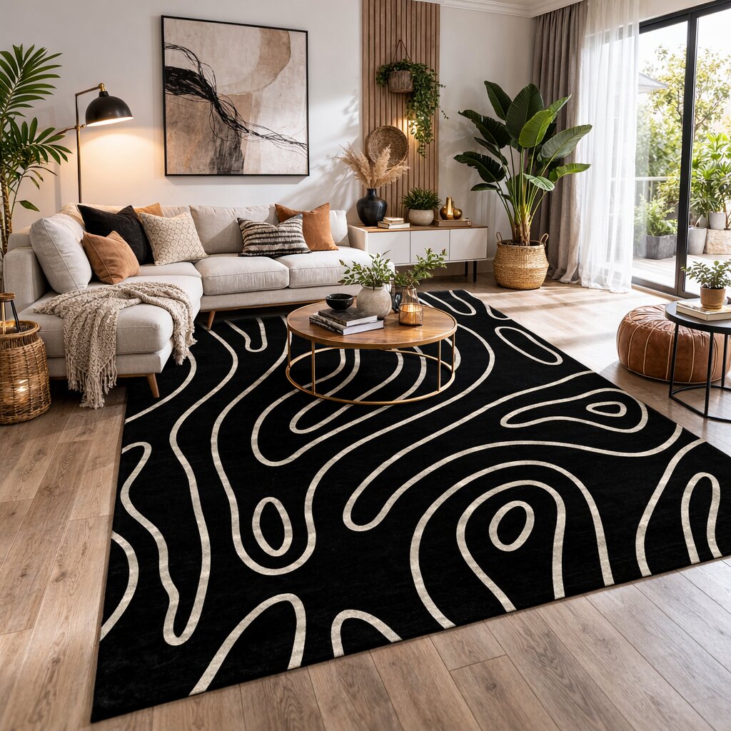 Abstract Topographic Pattern Black Rug