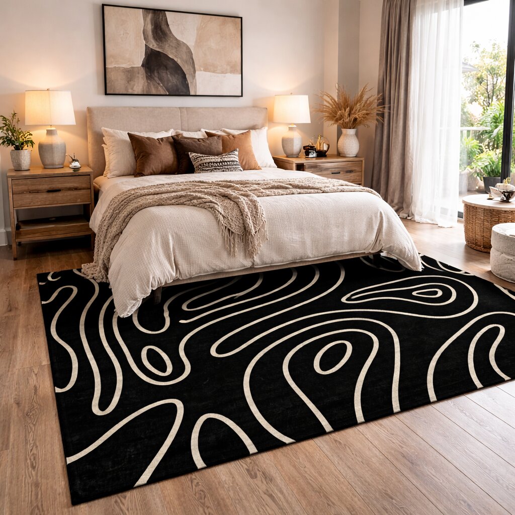 Abstract Topographic Pattern Black Rug