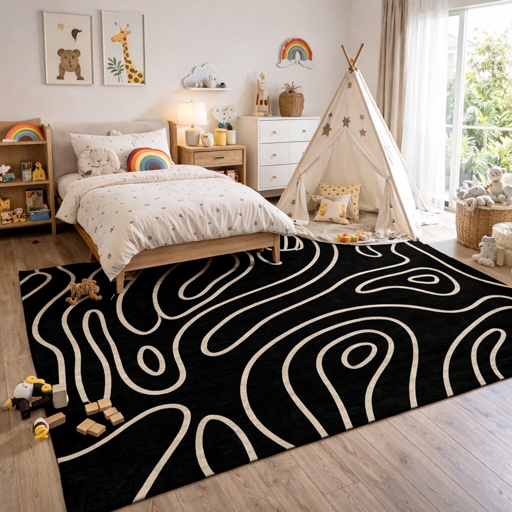 Abstract Topographic Pattern Black Rug