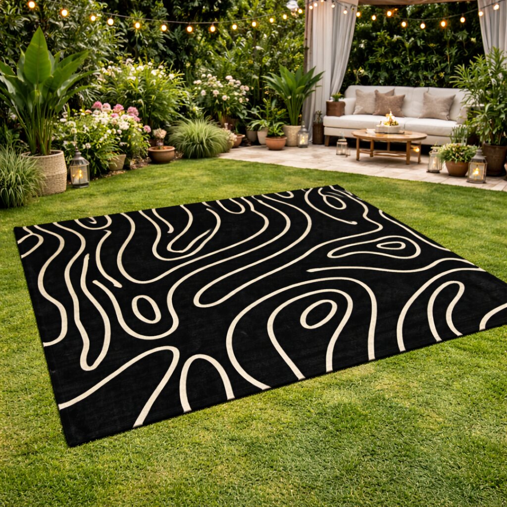 Topography Rug Pattern Abstract Topographic Pattern Black Rug | 8x10 ft