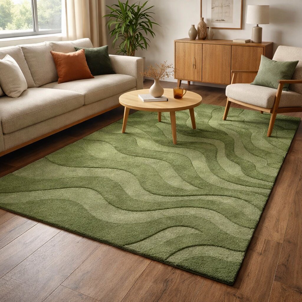 Olive Green Rug with Wavy Pattern