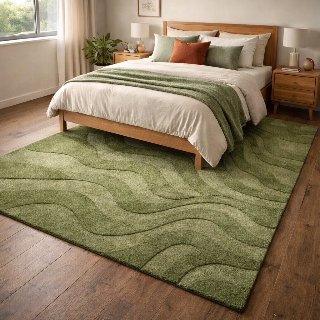 Olive Green Rug with Wavy Pattern