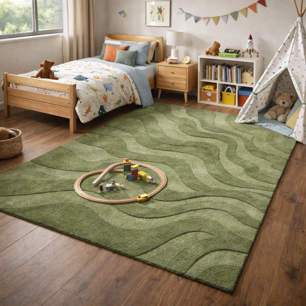 Olive Green Rug with Wavy Pattern