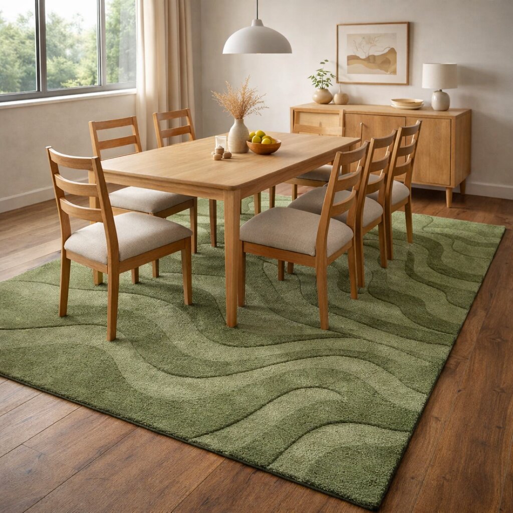 Olive Green Rug with Wavy Pattern