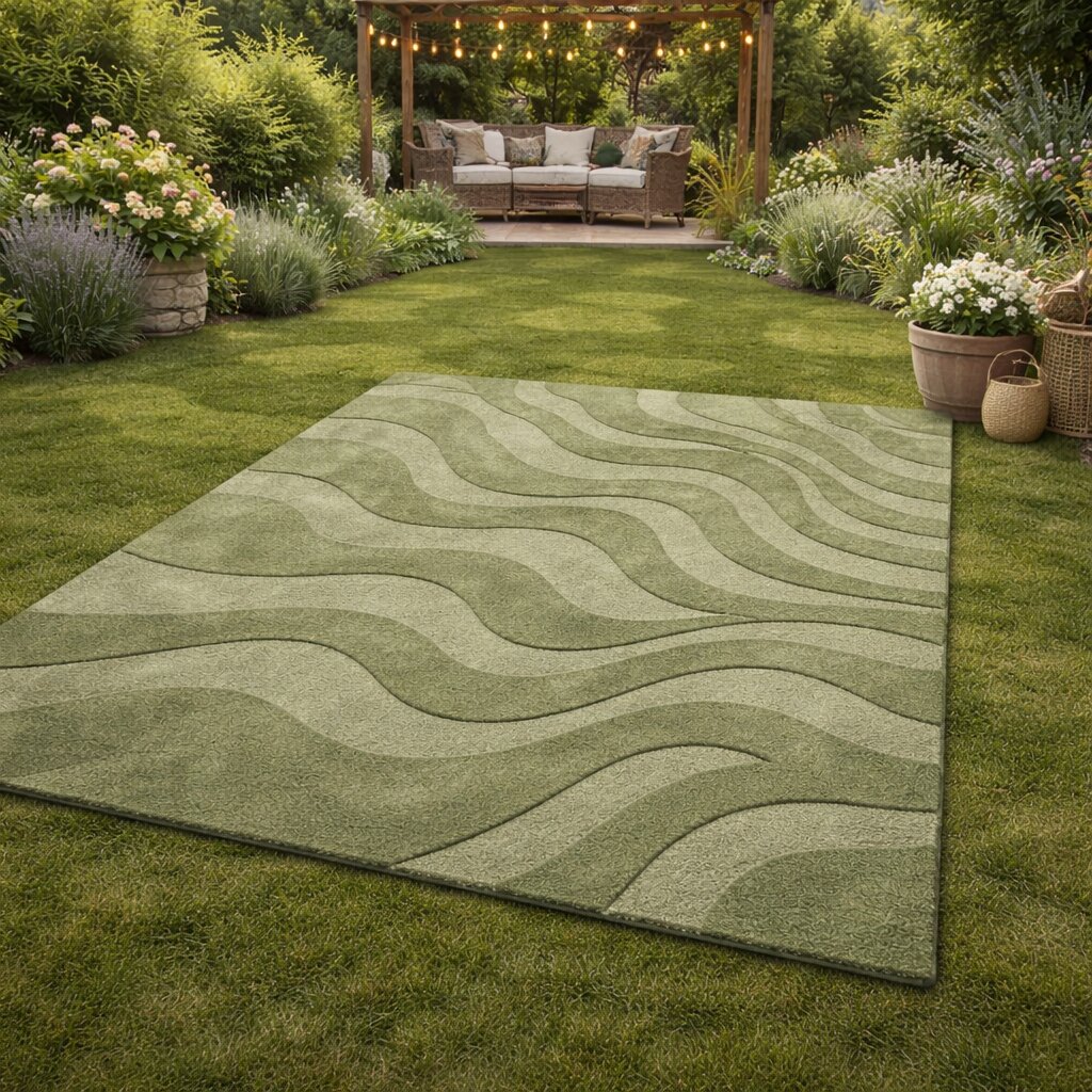 Olive Green Rug with Wavy Pattern