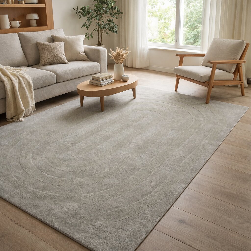 Light Grey Wool Rug with Geometric Arch Design