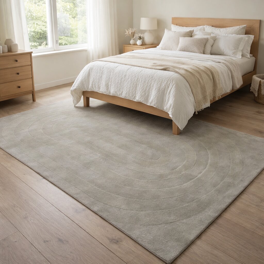 Light Grey Wool Rug with Geometric Arch Design