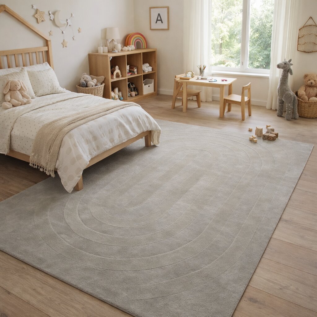 Light Grey Wool Rug with Geometric Arch Design