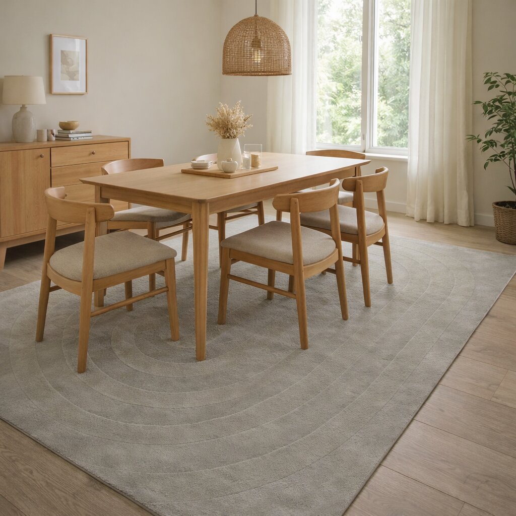 Light Grey Wool Rug with Geometric Arch Design