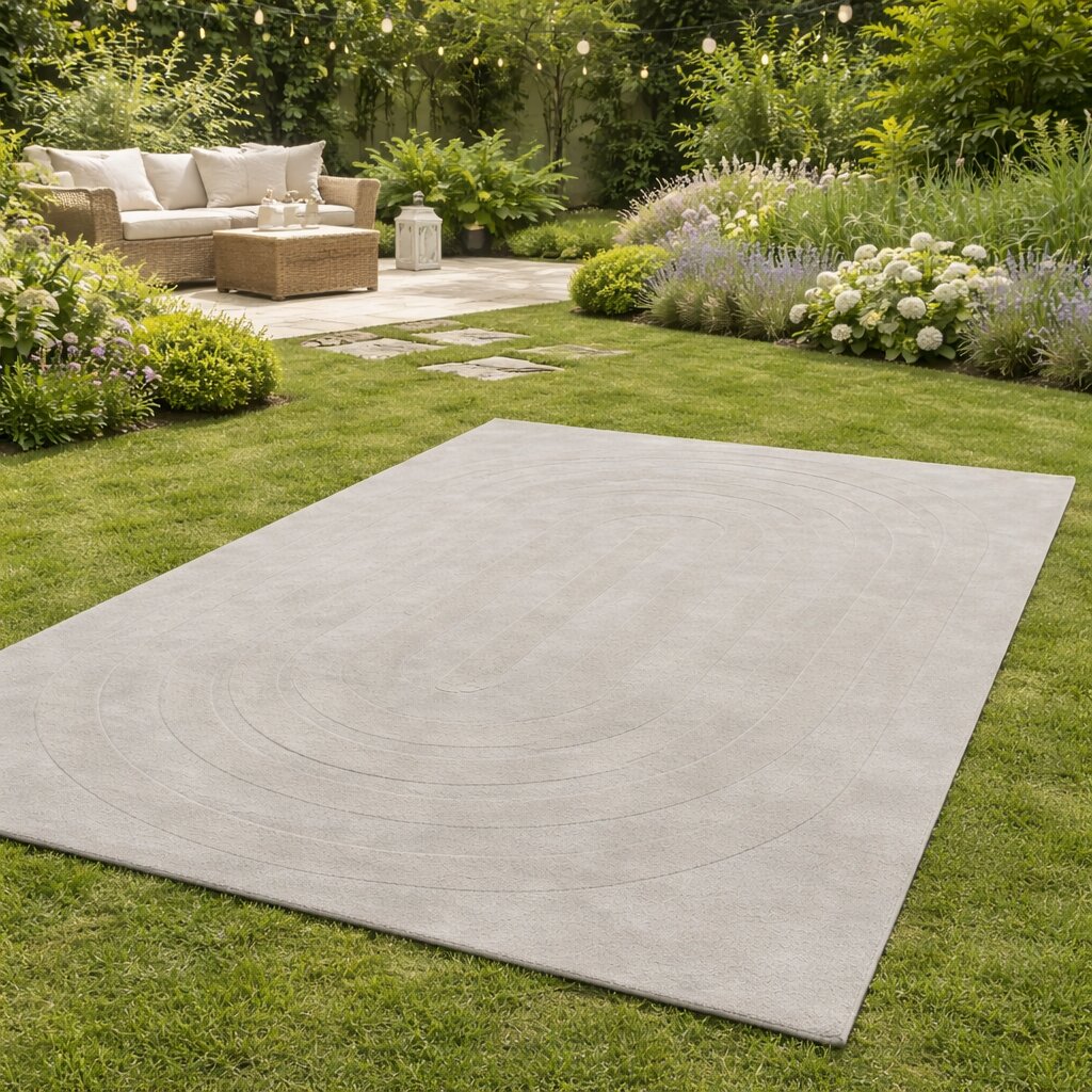 Light Grey Wool Rug with Geometric Arch Design